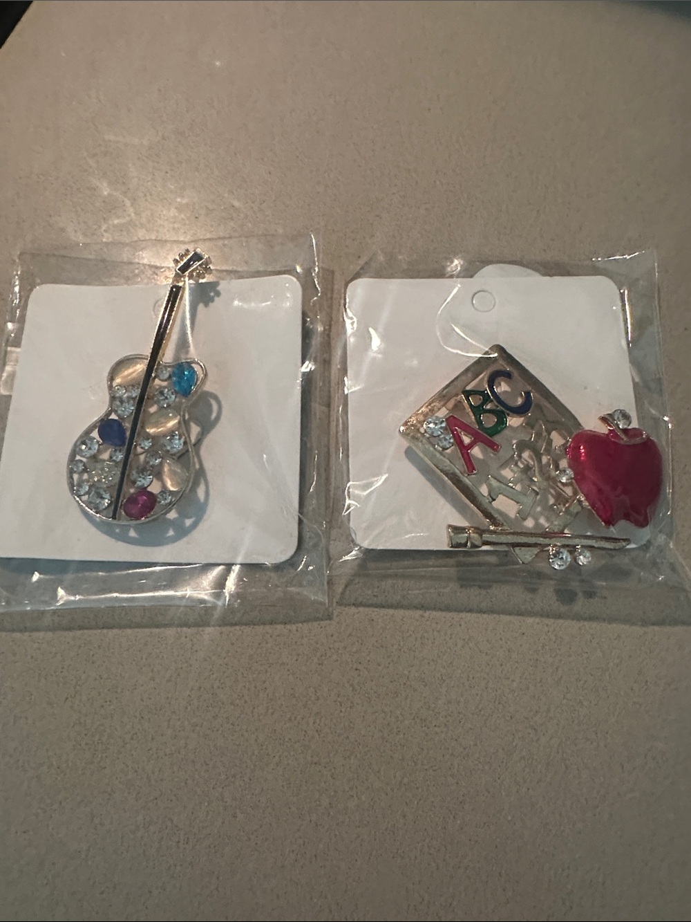 Unbranded Silver-Tone Guitar & ABC Apple Brooch Set - Pink & Multicolor